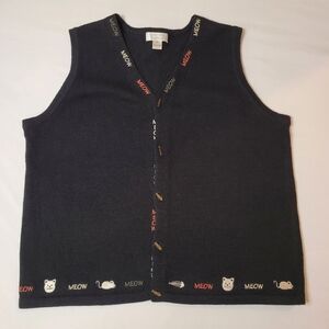 Christopher & Banks Black V-Neck Knit Vest with 'MEOW' Embroidery